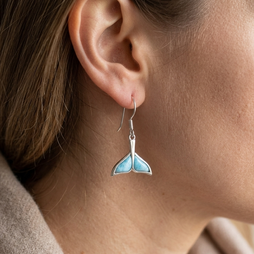 Hawaiian Ocean Whale Tail Larimar Stone Dangle Earrings - 925 Sterling Silver