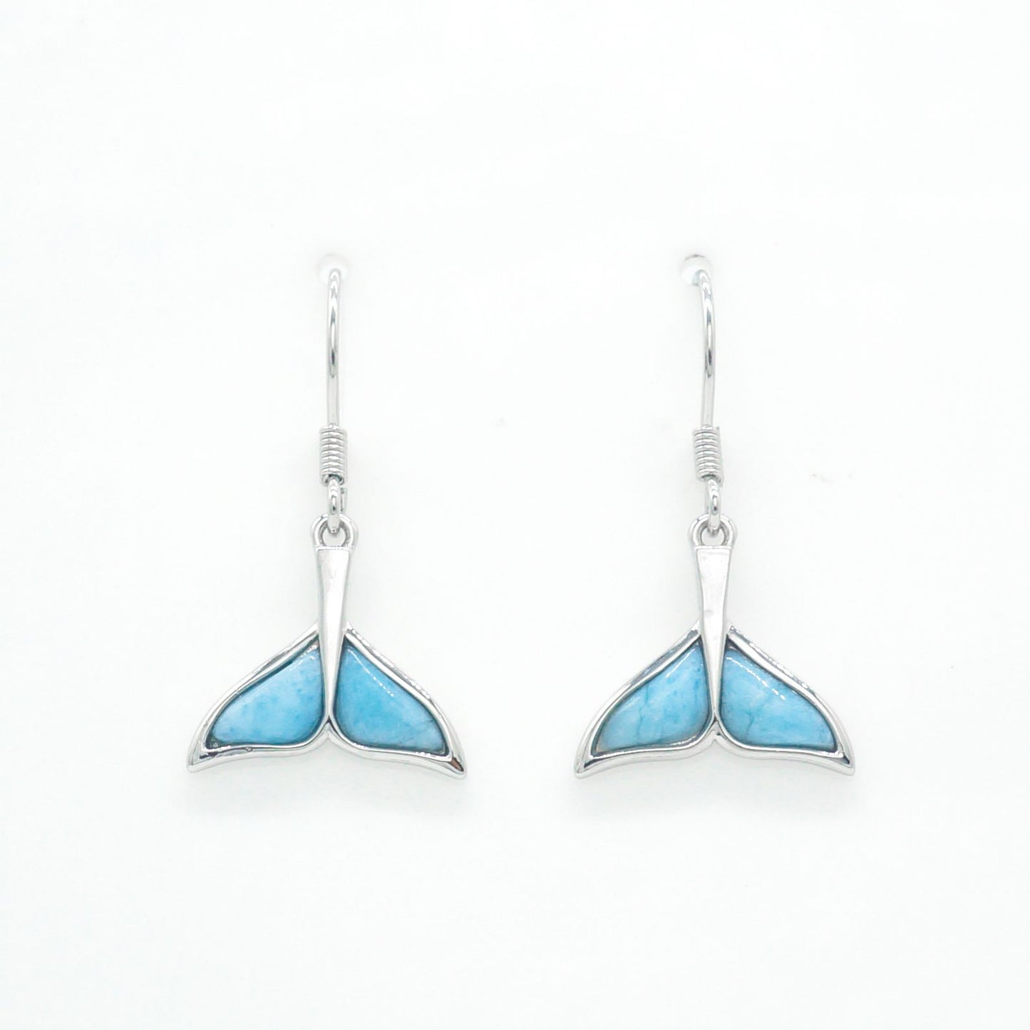 Hawaiian Ocean Whale Tail Larimar Stone Dangle Earrings - 925 Sterling Silver
