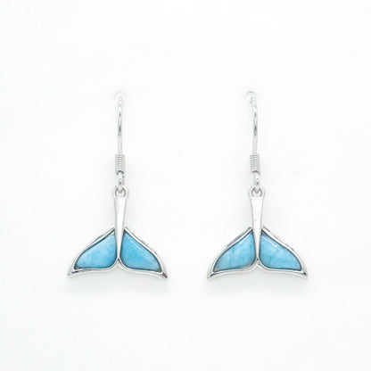 Hawaiian Ocean Whale Tail Larimar Stone Dangle Earrings - 925 Sterling Silver