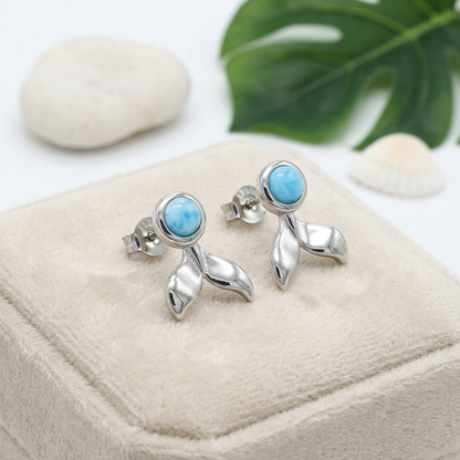 Hawaiian Ocean Whale Tail Larimar Stone Stud Earrings - 925 Sterling Silver