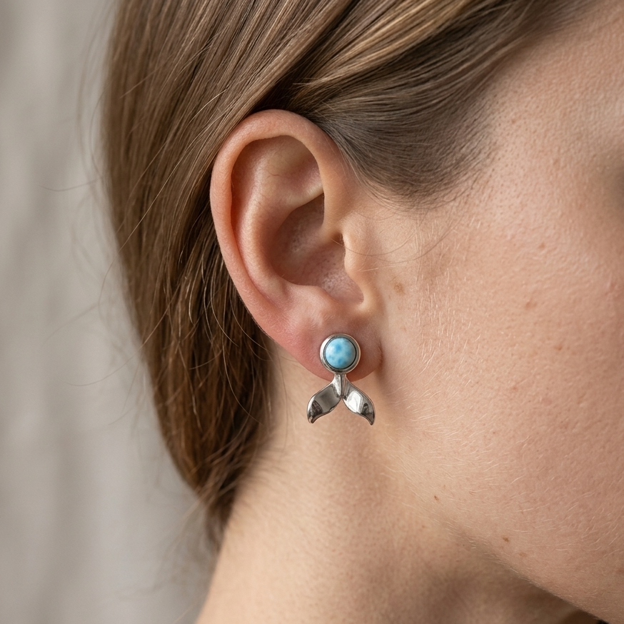 Hawaiian Ocean Whale Tail Larimar Stone Stud Earrings - 925 Sterling Silver