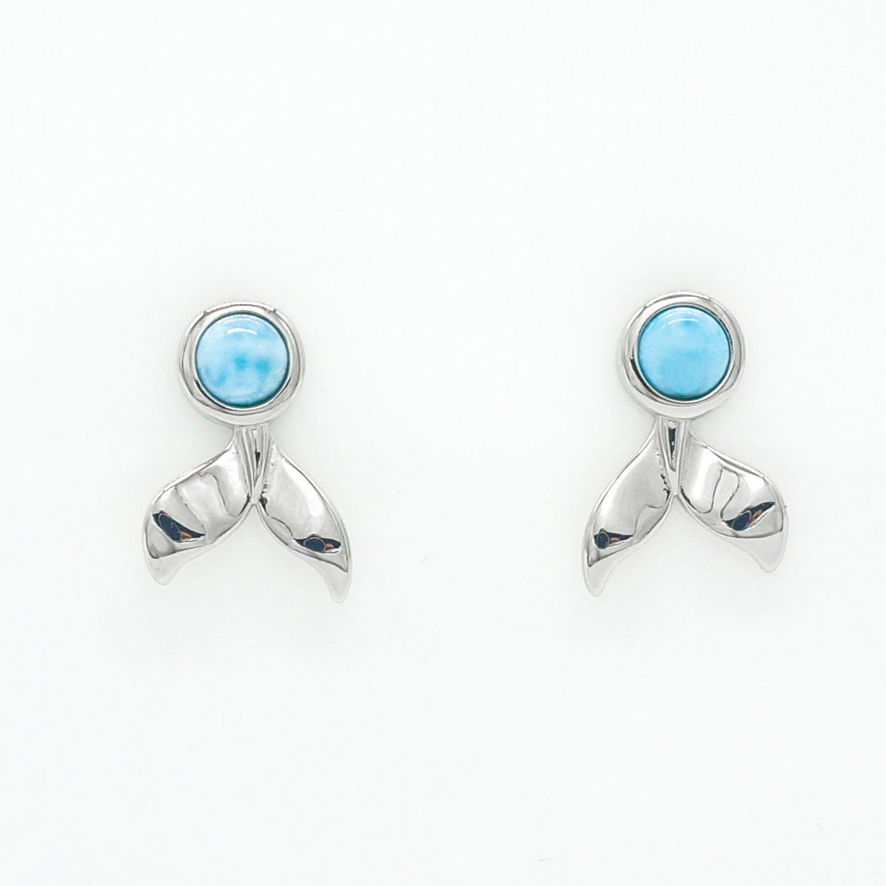 Hawaiian Ocean Whale Tail Larimar Stone Stud Earrings - 925 Sterling Silver