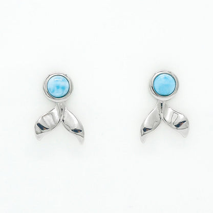 Hawaiian Ocean Whale Tail Larimar Stone Stud Earrings - 925 Sterling Silver