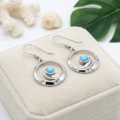 Hawaiian Swirl Ocean Wave Larimar Stone Dangle Earrings - 925 Sterling Silver