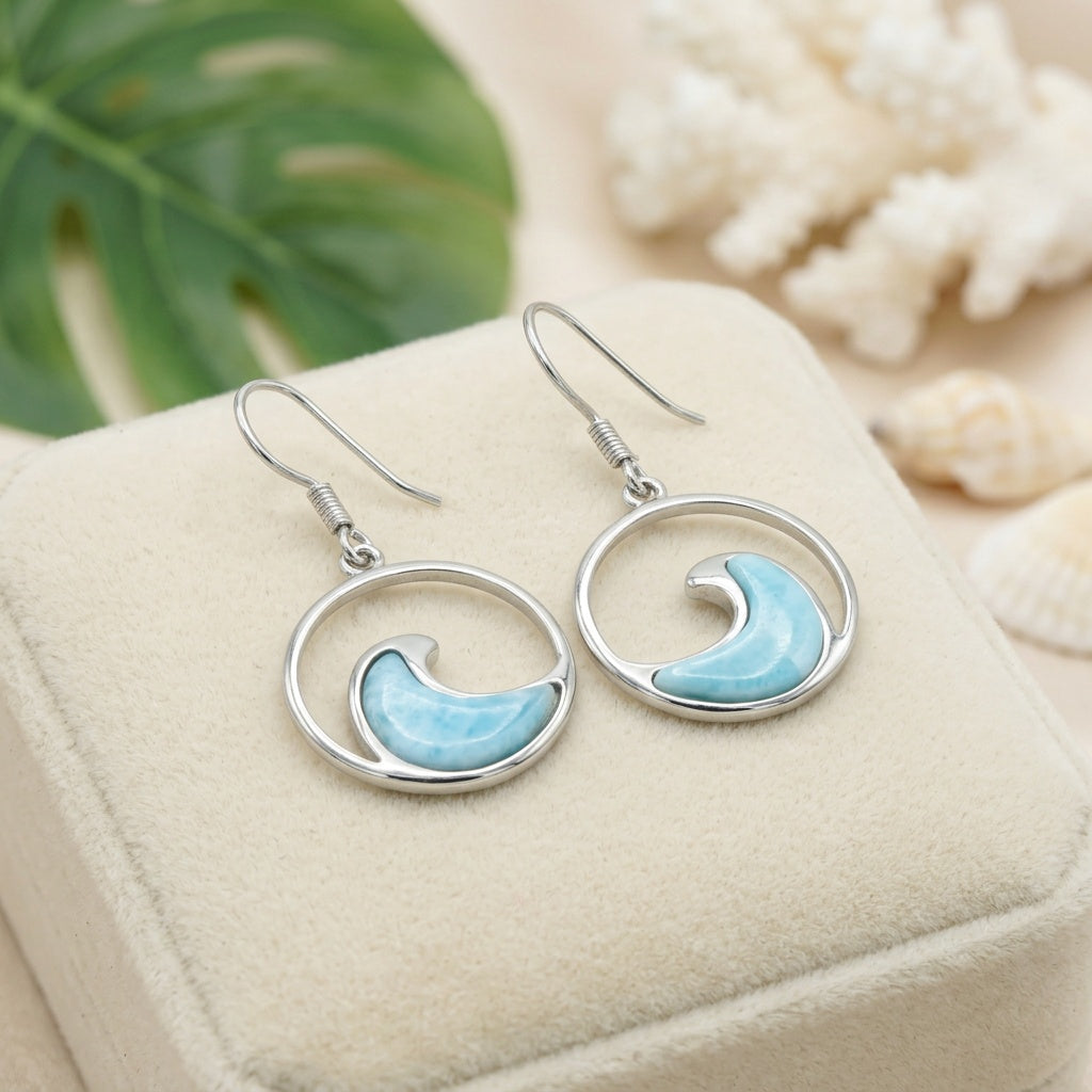 Hawaiian Ocean Wave Circle Larimar Stone Dangle Earrings - 925 Sterling Silver
