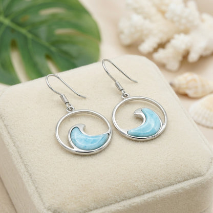 Hawaiian Ocean Wave Circle Larimar Stone Dangle Earrings - 925 Sterling Silver