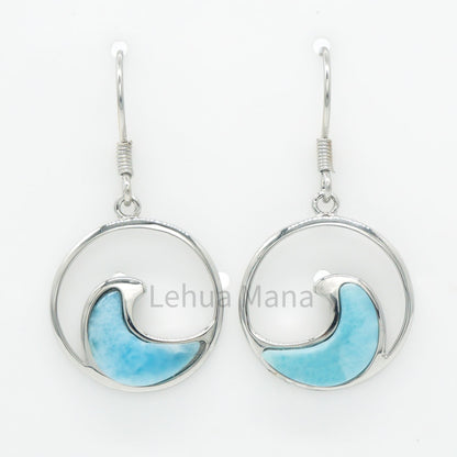 925 Silver Larimar Round Wave Earrings, Larimar Earrings, 925 Sterling Silver Jewelry, Round Wave Earrings