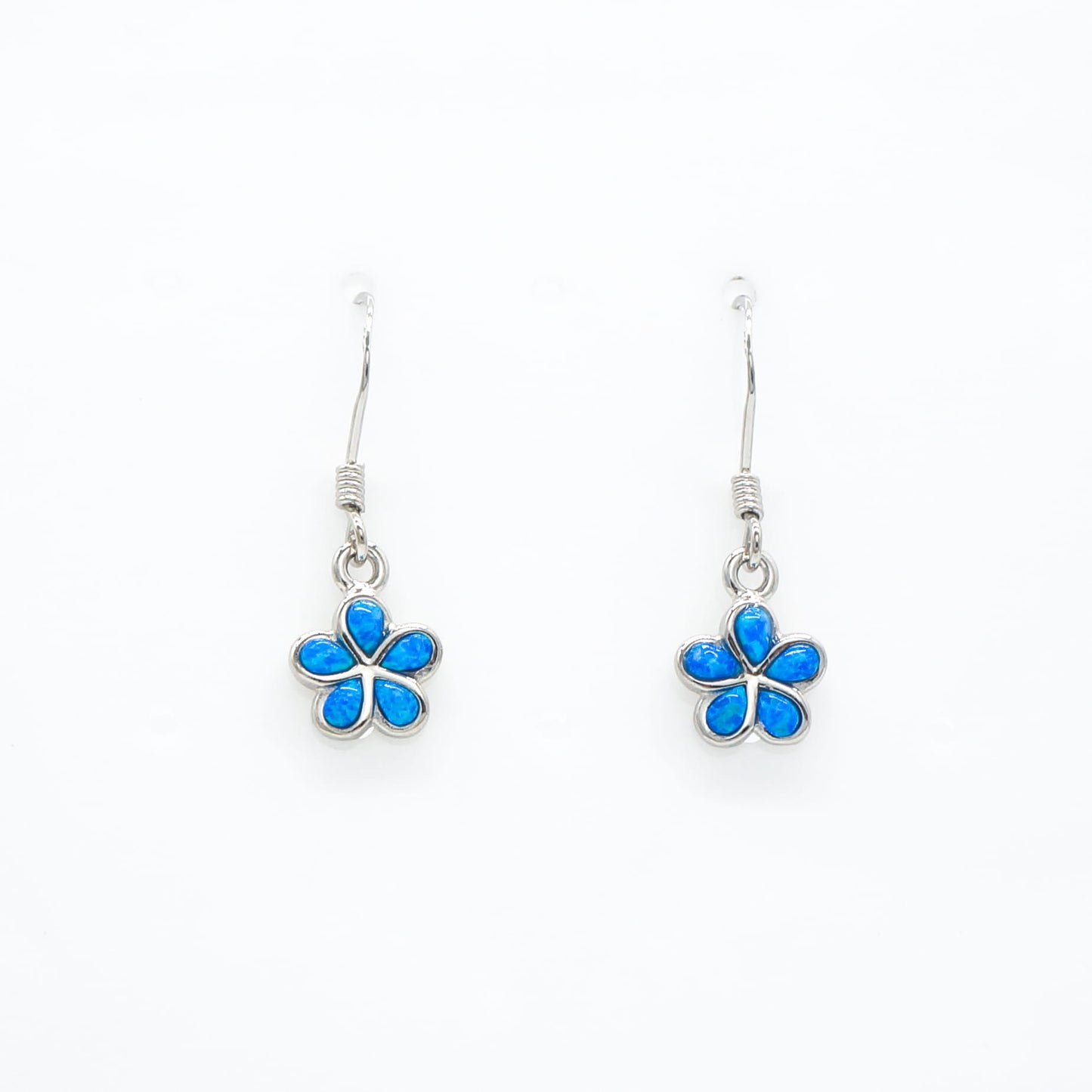 Hawaiian Plumeria Flower Blue Opal Stone Dangle Earrings - 925 Sterling Silver