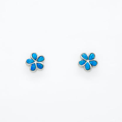 Hawaiian Plumeria Flower Blue Opal Stone Stud Earrings - 925 Sterling Silver