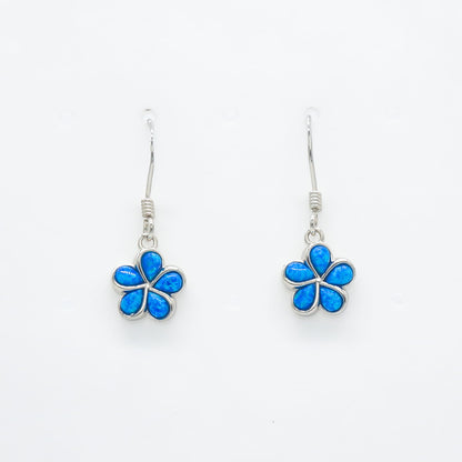 Hawaiian Plumeria Flower Blue Opal Stone Dangle Earrings - 925 Sterling Silver
