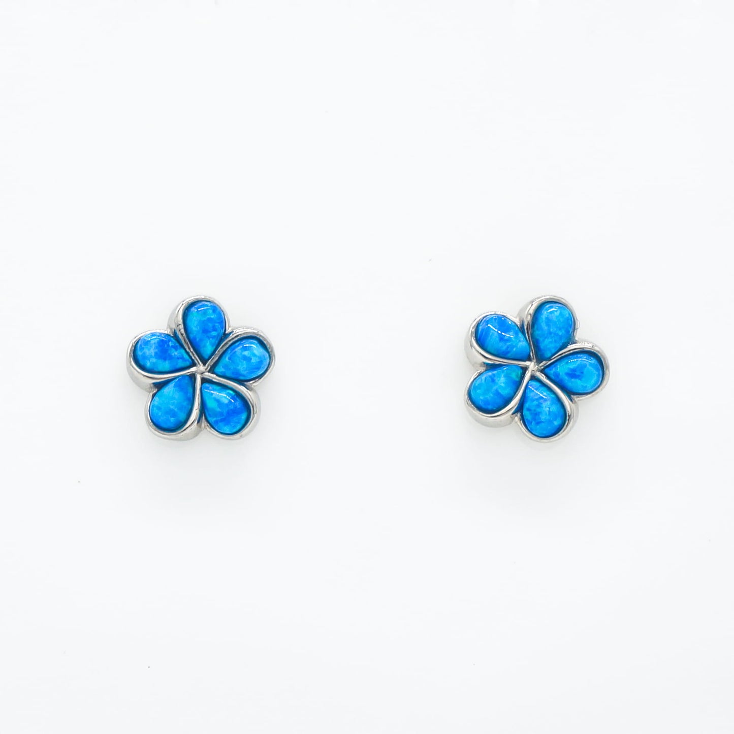 Hawaiian Plumeria Flower Blue Opal Stone Stud Earrings - 925 Sterling Silver