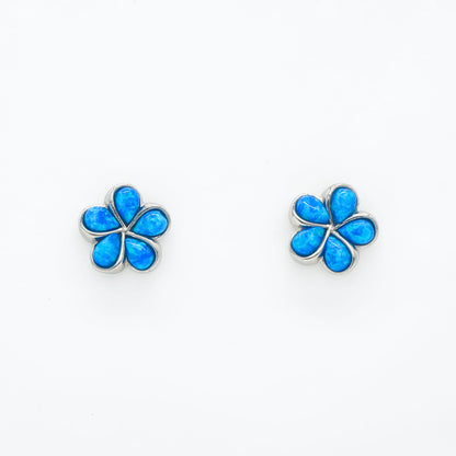Hawaiian Plumeria Flower Blue Opal Stone Stud Earrings - 925 Sterling Silver