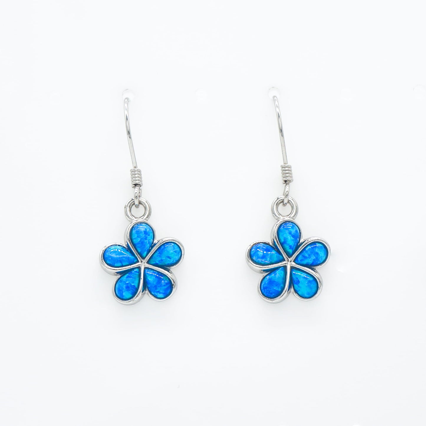 Hawaiian Plumeria Flower Blue Opal Stone Dangle Earrings - 925 Sterling Silver