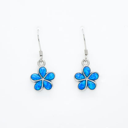 Hawaiian Plumeria Flower Blue Opal Stone Dangle Earrings - 925 Sterling Silver