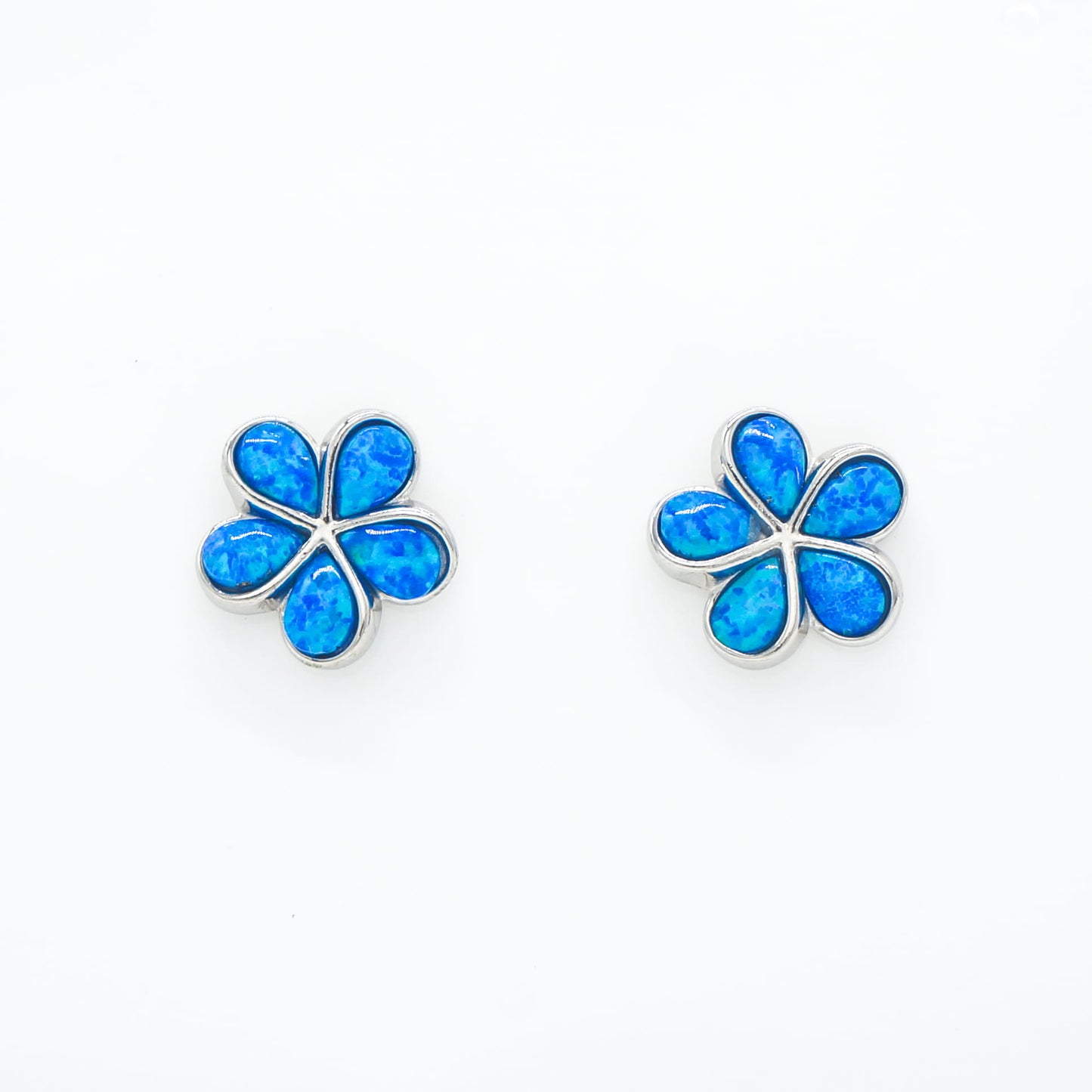 Hawaiian Plumeria Flower Blue Opal Stone Stud Earrings - 925 Sterling Silver