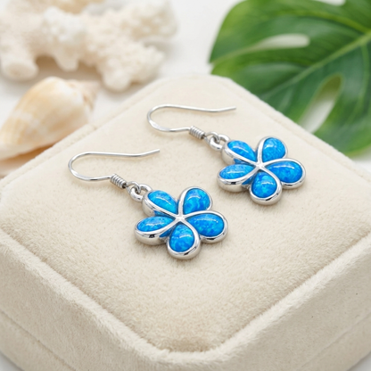 Hawaiian Plumeria Flower Blue Opal Stone Dangle Earrings - 925 Sterling Silver