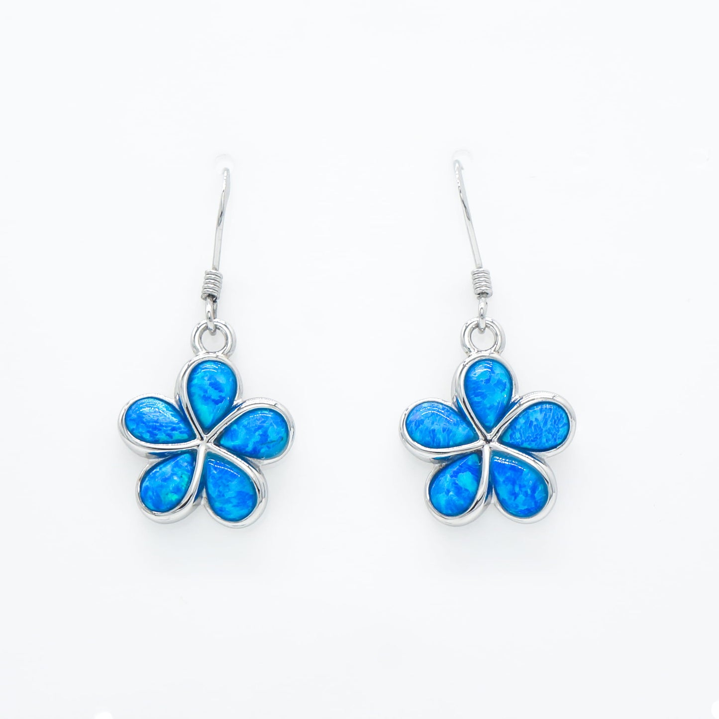 Hawaiian Plumeria Flower Blue Opal Stone Dangle Earrings - 925 Sterling Silver