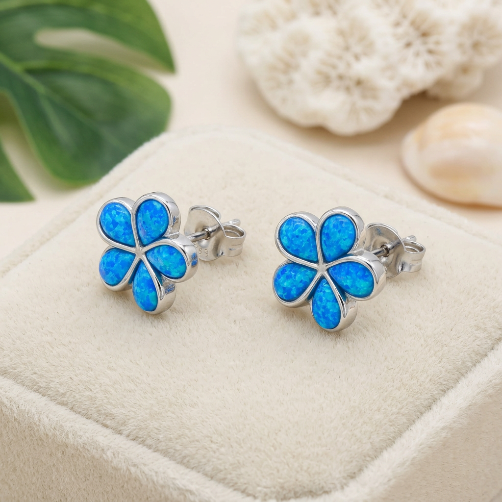Hawaiian Plumeria Flower Blue Opal Stone Stud Earrings - 925 Sterling Silver