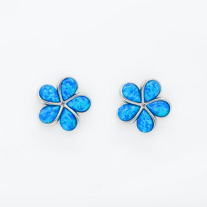 Hawaiian Plumeria Flower Blue Opal Stone Stud Earrings - 925 Sterling Silver