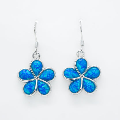 Hawaiian Plumeria Flower Blue Opal Stone Dangle Earrings - 925 Sterling Silver