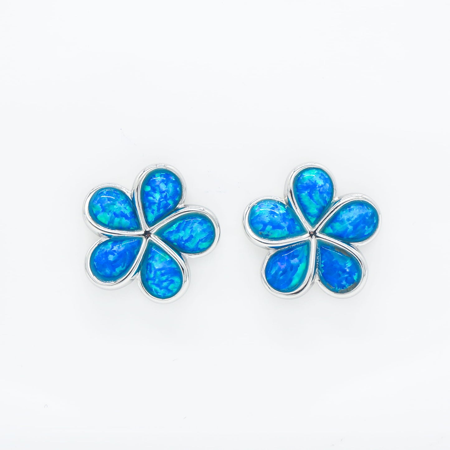 Hawaiian Plumeria Flower Blue Opal Stone Stud Earrings - 925 Sterling Silver
