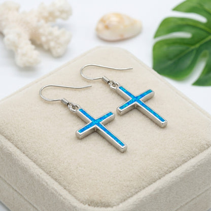 Hawaiian Ocean Cross Opal Stone Dangle Earrings - 925 Sterling Silver