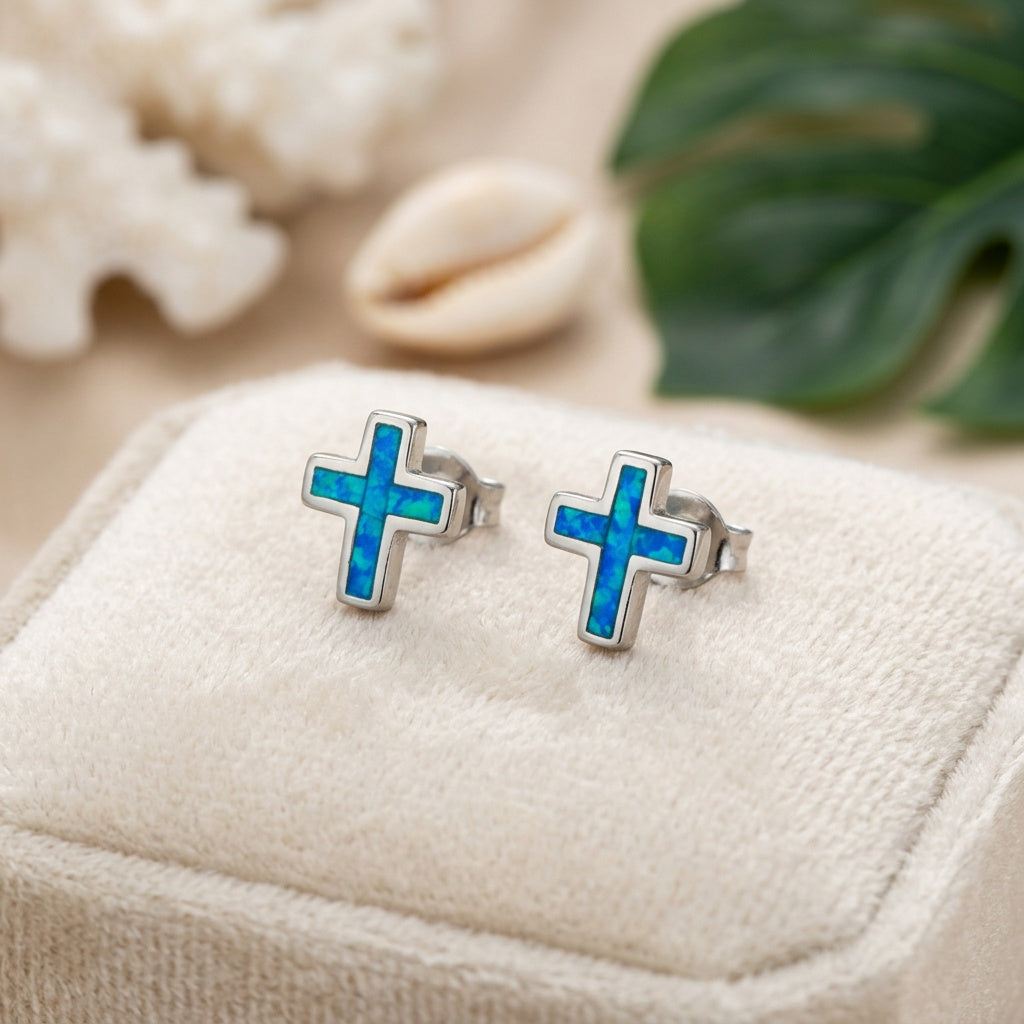 Hawaiian Ocean Cross Opal Stone Stud Earrings - 925 Sterling Silver