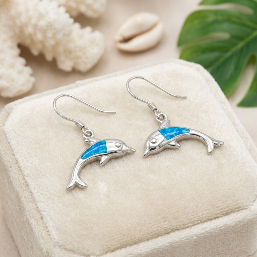 Hawaiian Double Dolphin Ocean Opal Stone Dangle Hook Earrings - 925 Sterling Silver