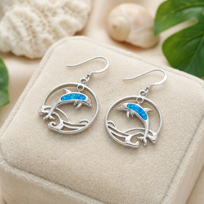 Hawaiian Dolphin Jump Circle Wave Opal Stone Dangle Earrings - 925 Sterling Silver