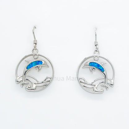 925 Silver Opal Round Dolphin Wave Dangle Earrings, Opal Earrings, 925 Sterling Silver Jewelry, Round Dolphin Wave Earrings