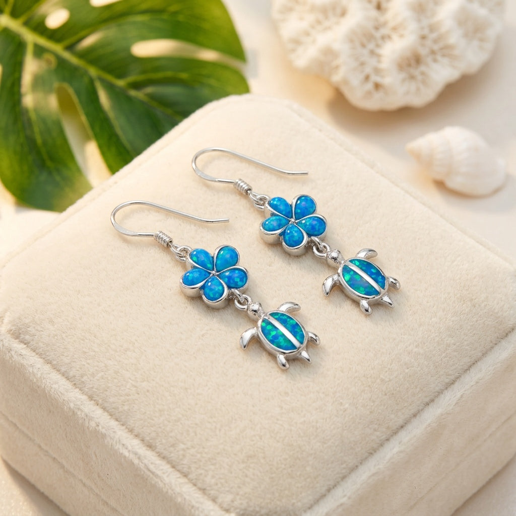 Hawaiian Sea Turtle Plumeria Opal Stone Dangle Earrings - 925 Sterling Silver