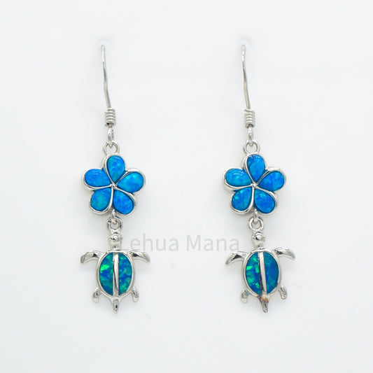 925 Silver Blue Opal Flower Turtle Dangle Earrings, Opal Earrings, 925 Sterling Silver Jewelry, Flower Turtle Earrings