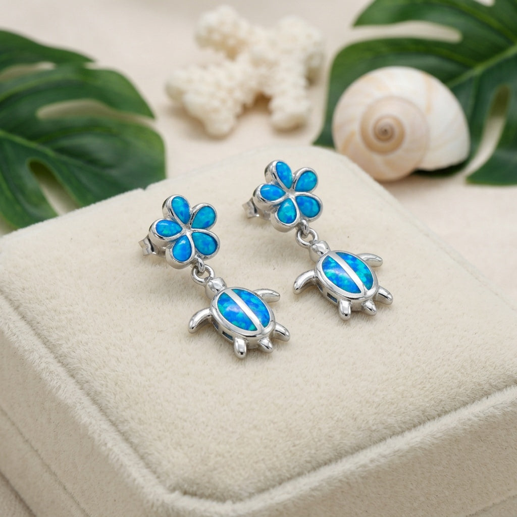 Hawaiian Sea Turtle Plumeria Opal Stone Stud Earrings - 925 Sterling Silver