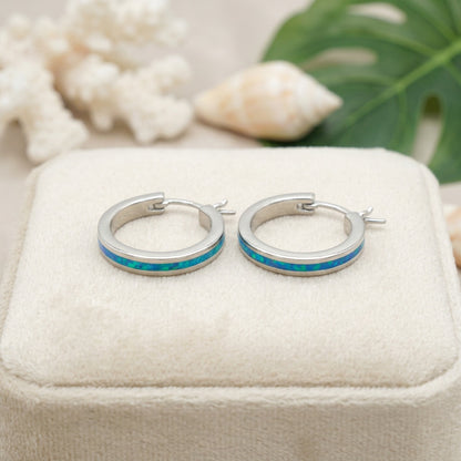 Hawaiian Deep Ocean Mid Round Hoop Opal Stone Earrings - 925 Sterling Silver