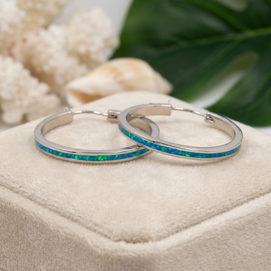 Hawaiian Deep Ocean Large Round Hoop Opal Stone Earrings - 925 Sterling Silver