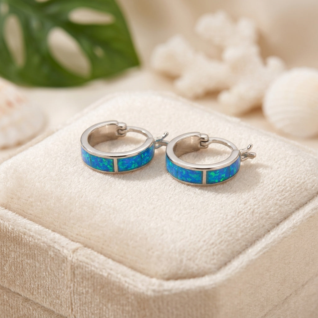 Hawaiian Deep Ocean Round Hoop Opal Stone Earrings - 925 Sterling Silver