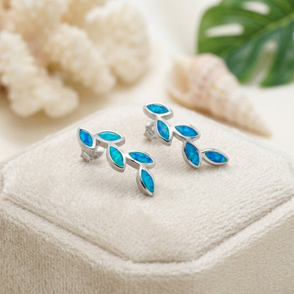 Hawaiian Maile Leaf Climber Opal Stone Stud Earrings - 925 Sterling Silver