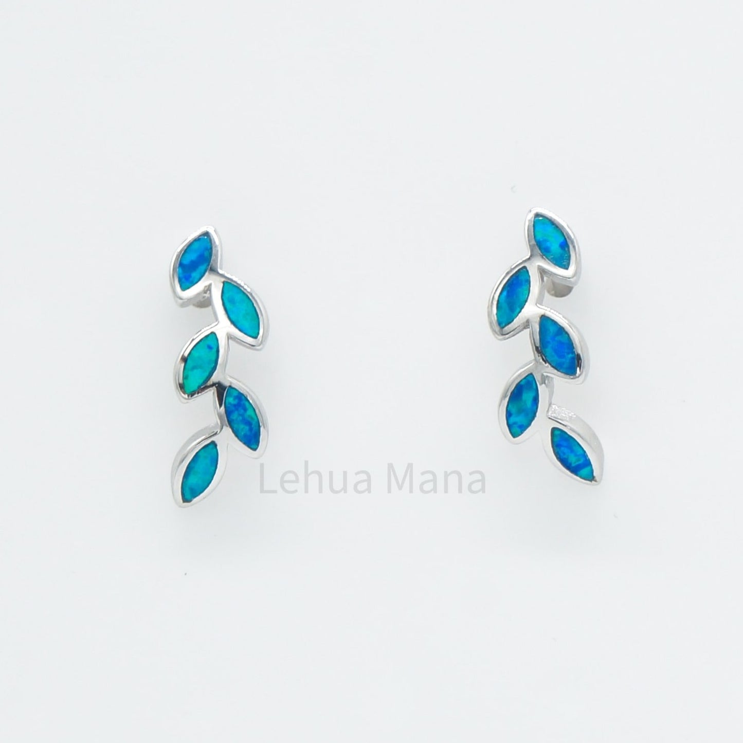 925 Silver Blue Opal Maile Leaves Stud Earrings, Opal Earrings, 925 Sterling Silver Jewelry, Maile Leaves Earrings
