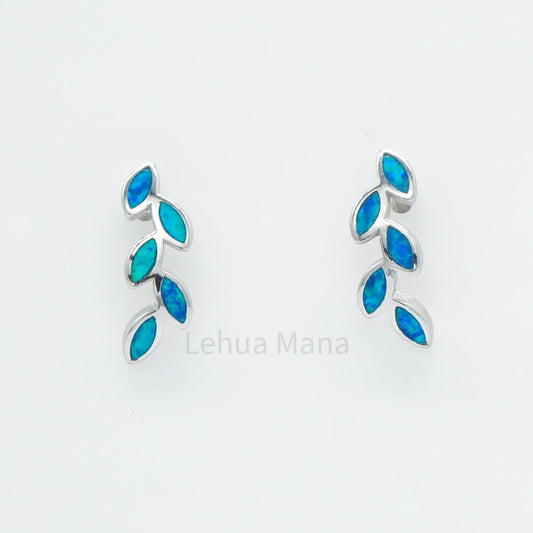 925 Silver Blue Opal Maile Leaves Stud Earrings, Opal Earrings, 925 Sterling Silver Jewelry, Maile Leaves Earrings