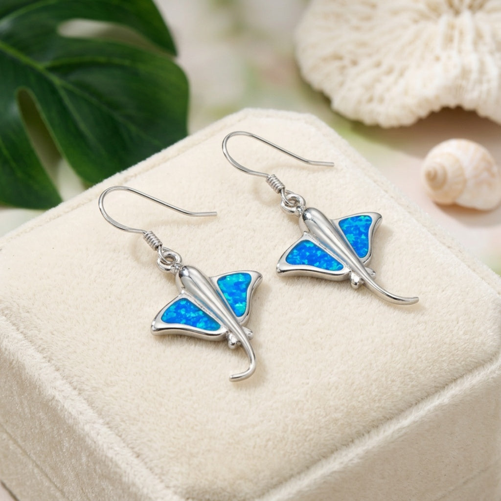 Hawaiian Manta Ray Ocean Opal Stone Dangle Hook Earrings - 925 Sterling Silver