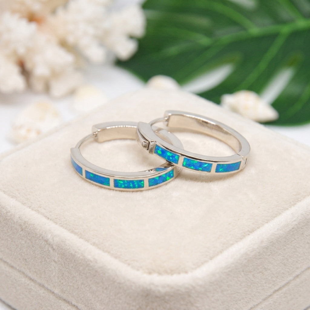 Hawaiian Deep Ocean Oval Hoop Opal Stone Earrings - 925 Sterling Silver