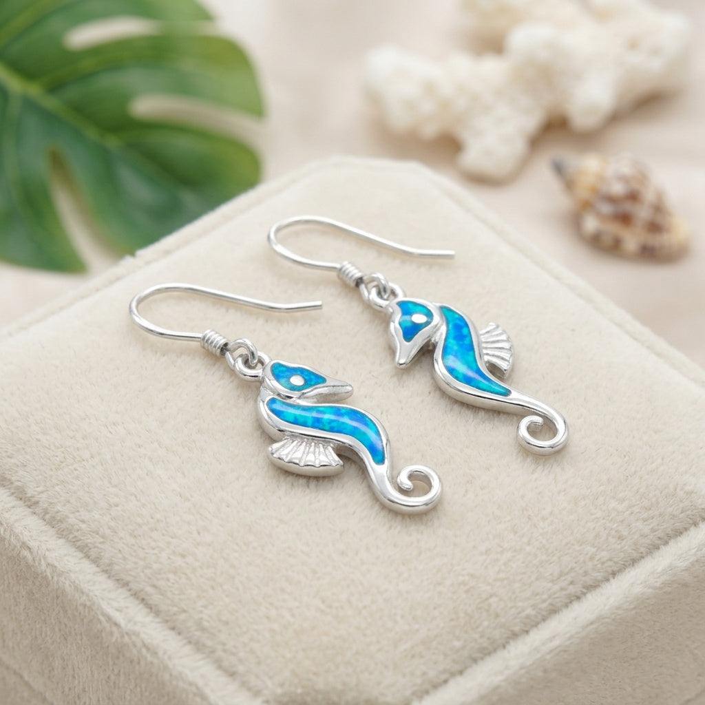 Hawaiian Seahorse Ocean Opal Stone Dangle Earrings - 925 Sterling Silver
