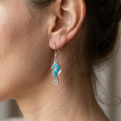 Hawaiian Seahorse Ocean Opal Stone Dangle Earrings - 925 Sterling Silver