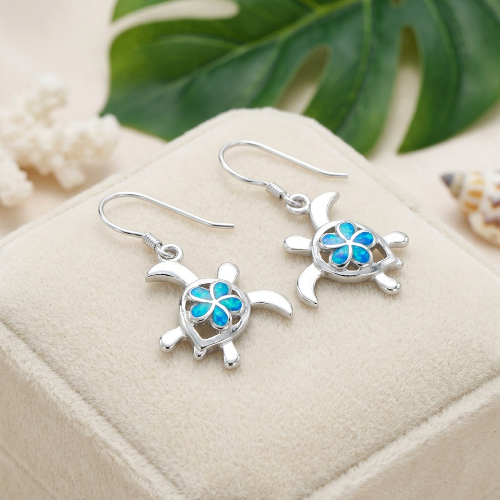 Hawaiian Sea Turtle Cutout Plumeria Opal Stone Dangle Earrings - 925 Sterling Silver