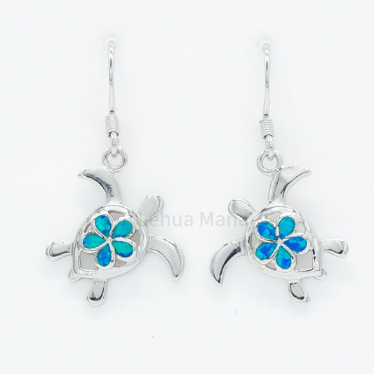 925 Silver Opal Flower Turtle Dangle Earrings, Opal Earrings, 925 Sterling Silver Jewelry, Flower Turtle Earrings