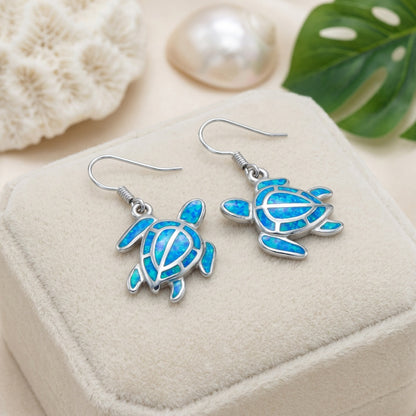 Hawaiian Mosaic Sea Turtle Ocean Opal Stone Dangle Earrings - 925 Sterling Silver