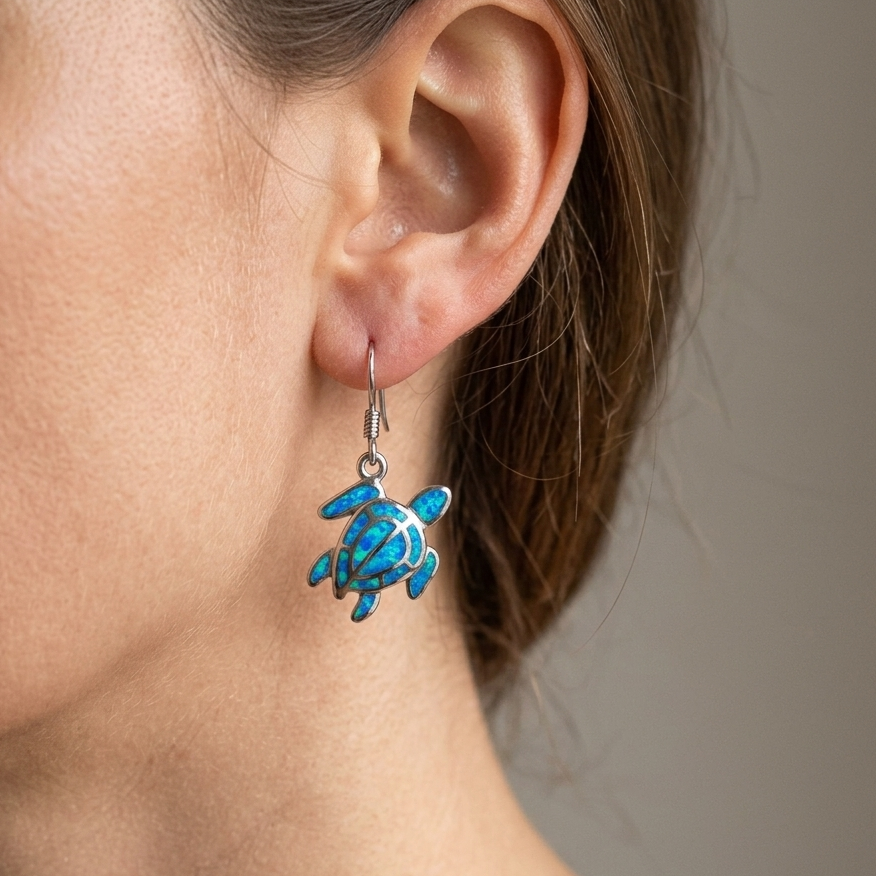 Hawaiian Mosaic Sea Turtle Ocean Opal Stone Dangle Earrings - 925 Sterling Silver
