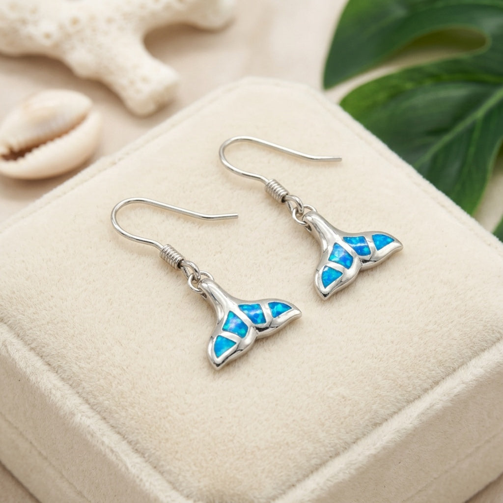 Hawaiian Whale Tail Ribbed Ocean Opal Stone Dangle Earrings - 925 Sterling Silver