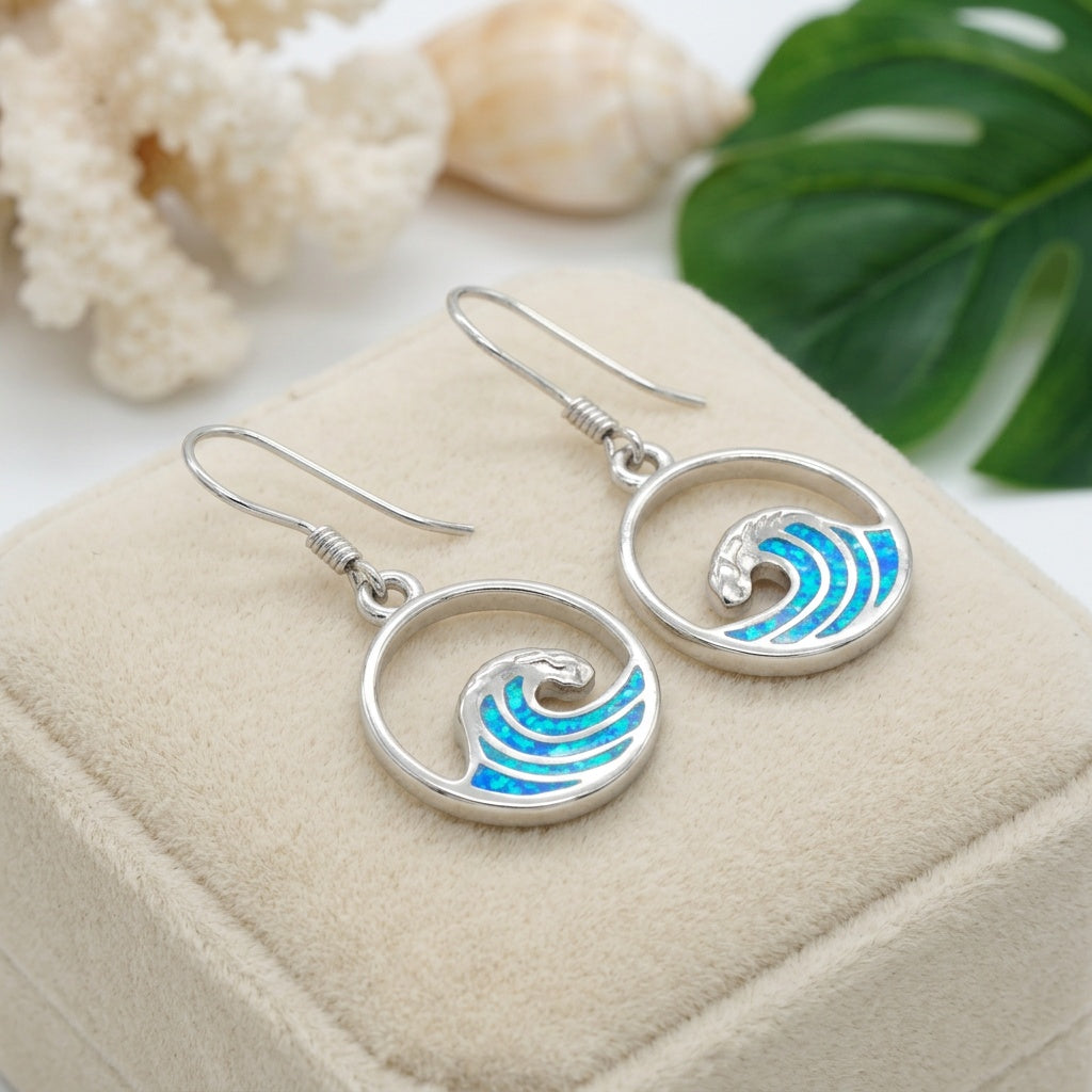 Hawaiian Crest Surf Circle Wave Opal Stone Dangle Earrings - 925 Sterling Silver