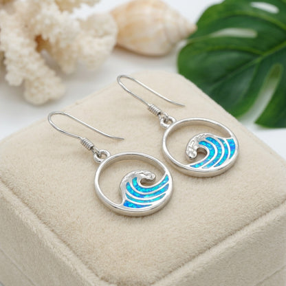 Hawaiian Crest Surf Circle Wave Opal Stone Dangle Earrings - 925 Sterling Silver